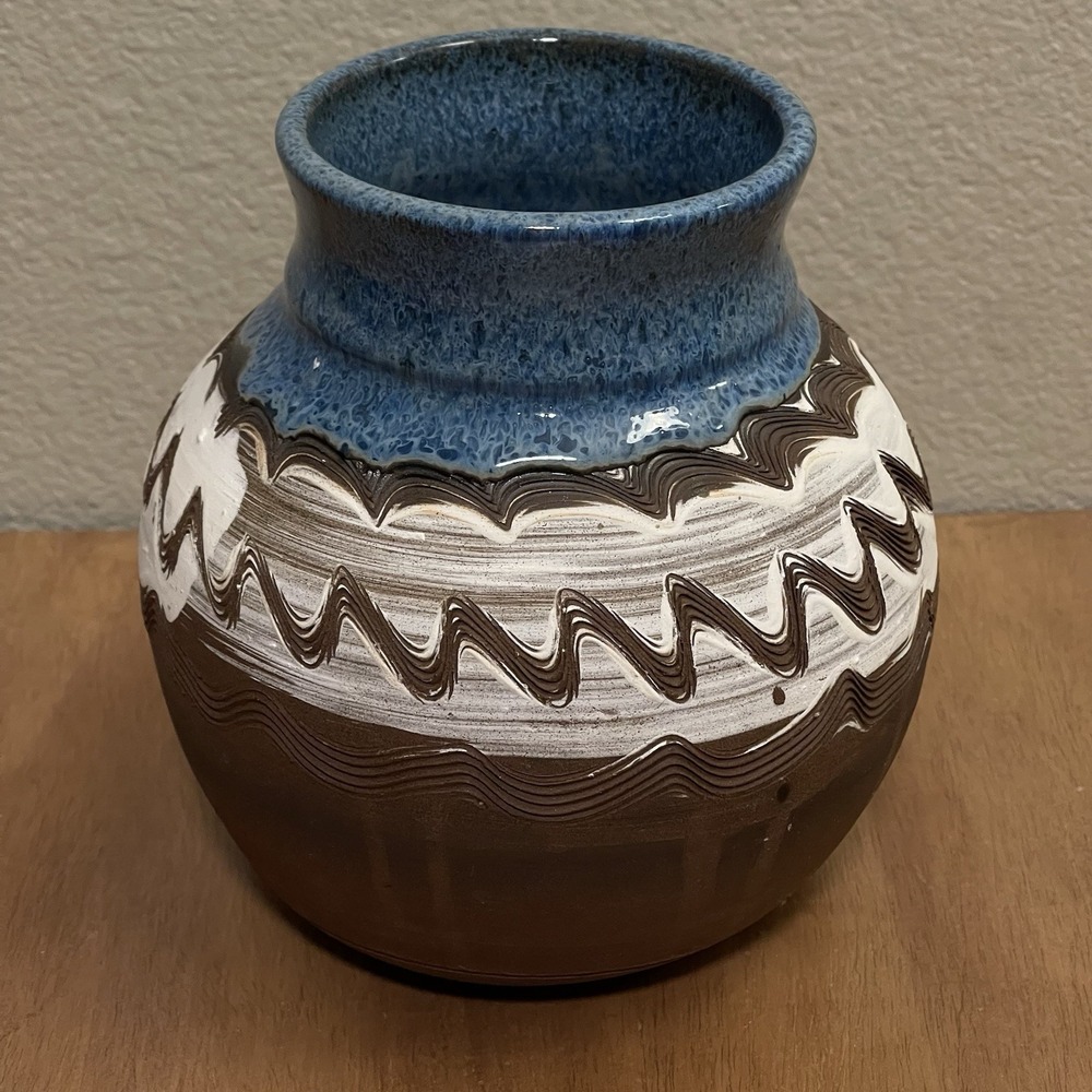 Signed /Marked Studio Pottery Art Vase Blue White Brown Partial Glaze Medium Sz